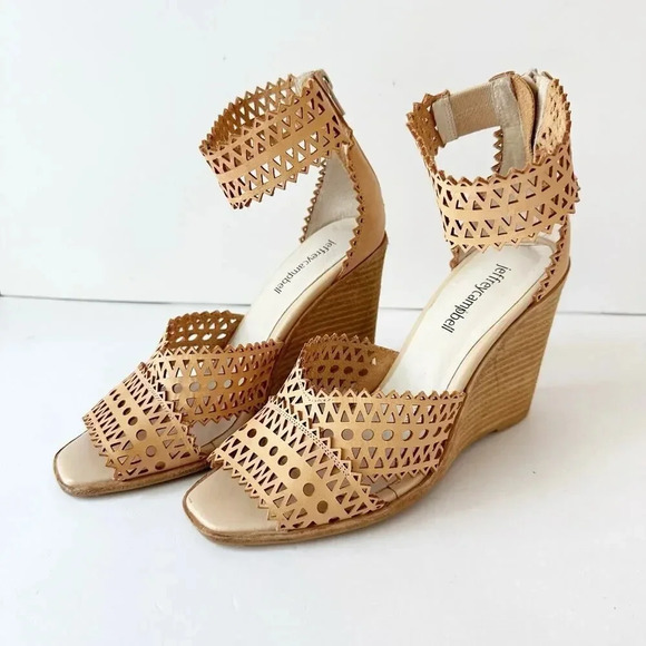 JEFFREY CAMPBELL Size 8‎ Square Toe Tan Cream Perforated Laser Cut Wedge Sandals - Picture 1 of 7